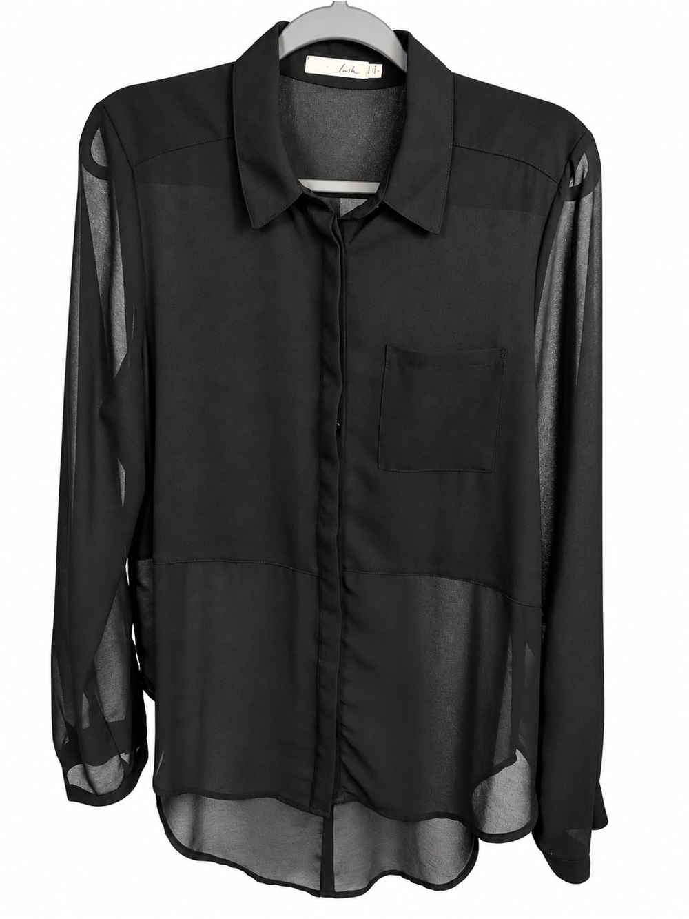 Lush Black Sheer Button-Down Blouse Size L
